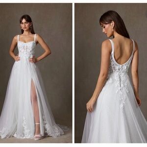 Azazie White Lace A-Line Wedding Dress with Side Slit
